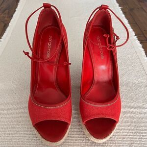 SERGIO ROSSI Red Fabric Espadrille Heels Size 39.
